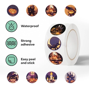 500pcs Halloween round sticker roll with waterproof pumpkin, ghost and bat patterns