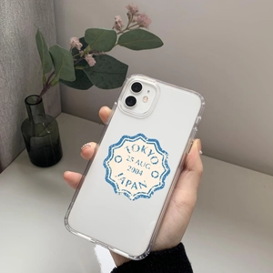 Detail of Tokyo vintage seal design on a transparent phone case for iPhone series