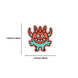 Cartoon monster sticker size detail showing 5.03 cm height and 4.72 cm width dimensions