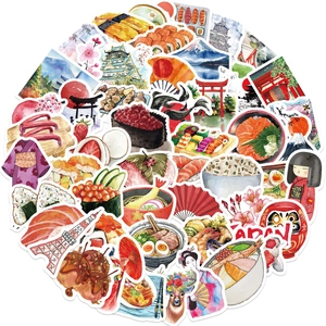 Set d'autocollants aquarelle Japon avec sushi, Mont Fuji et icônes pour décoration DIY