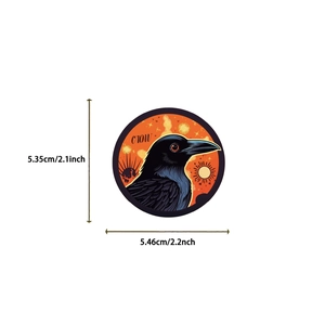 Detailed size view of a 5.46cm black crow waterproof sticker with sun and stars