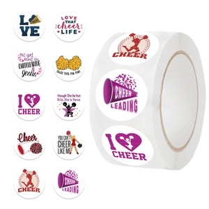 500-count roll of colorful cheerleading theme round stickers with megaphone designs