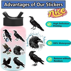 50pcs waterproof black crow stickers for laptop guitar and luggage decoration