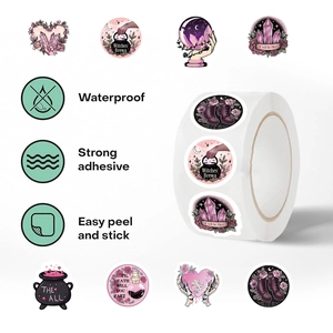Detail showing waterproof gothic stickers with strong adhesive and easy peel functionality