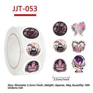 Detailed view of 1 inch gothic stickers showing 500 pieces per roll with wizardry icons