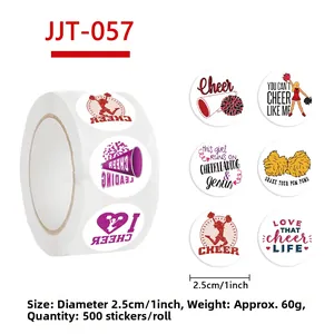 Detailed view of 1-inch cheerleader theme round stickers on roll with 6 unique patterns