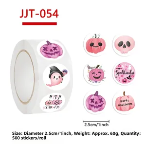 Rol met 500 roze Halloween-stickers met pompoen- en spookmotieven voor enveloppen