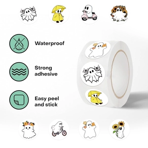 Detail of waterproof Halloween ghost stickers roll showing strong adhesive and easy peel