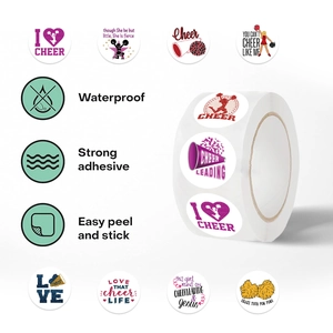 Detail of waterproof cheerleader stickers with strong adhesive on a functional roll