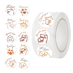 Cute Cartoon Cat Paw Thank You Round Washi Paper Stickers Self-Adhesive Envelope Sealing Labels Gift Decoration Stationery