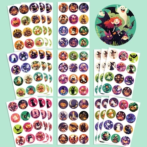 Detail of Halloween round stickers set featuring cartoon pumpkins, black cats and ghosts