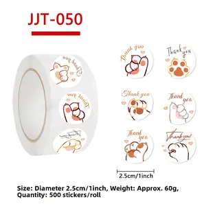 Macro detail of 1-inch cat paw Thank You stickers with dimensions and six patterns