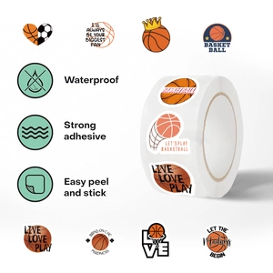 Detail of round basketball stickers roll featuring waterproof material and strong adhesive