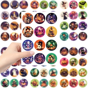 Detail view of 12 Halloween stickers featuring pumpkin, ghost, and witch designs
