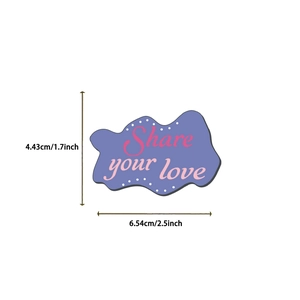 Detailed size view of Share Your Love wave-shaped sticker with dimensions 2.5x1.7 inch