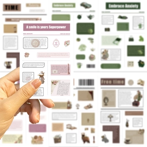 Detail of vintage waterproof stickers featuring antique newspaper layouts and floral designs