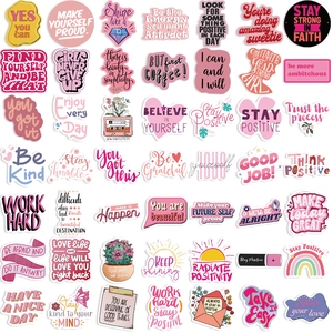 Grid layout of 50 pink motivational quote stickers for decorating laptops and water bottles