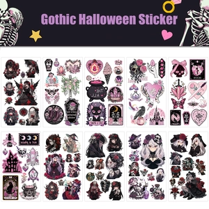 Gothic Girl Temporary Tattoo Stickers Halloween Waterproof Dark Anime Pink Skull Black Cat Castle Magic Tarot Body Art Decals