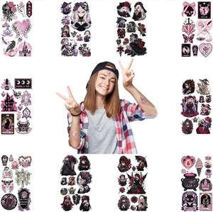 Gothic Halloween temporary tattoo set featuring dark anime girls and magic symbols