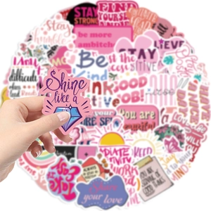 Set of 50 pink motivational stickers for laptops and guitars with waterproof PVC finish