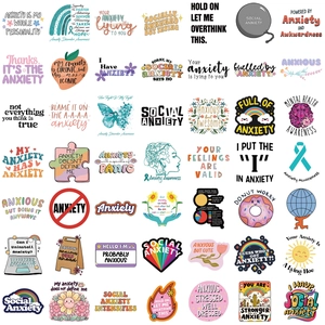 Set of 50 waterproof anxiety awareness stickers for laptops and guitars with mental health motifs