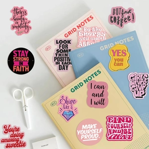 Set of 50 pink motivational quote stickers for decorating guitars and laptops