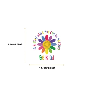 Detailed view of colorful flower sticker with 'Be Kind' quote and size measurements