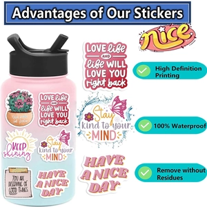 Set of 50 pink inspirational quote stickers for laptops and water bottles with waterproof finish