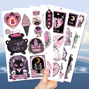 Gothic Halloween waterproof tattoo stickers featuring pink skull and cat designs for girls