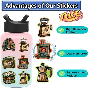 Waterproof camping stickers on a water bottle showing high-definition printing and no residue