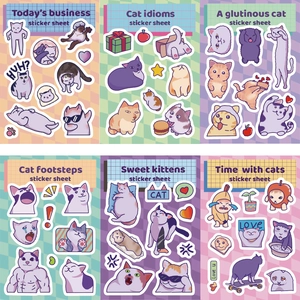 Set di 6 fogli di adesivi per gatti dei cartoni animati impermeabili per decorazioni fai-da-te