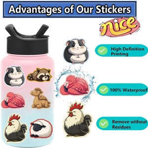 Waterproof cartoon animal stickers displayed on a gradient color thermos water bottle