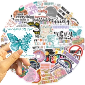 Detailed view of waterproof anxiety awareness stickers with motivational phrases and butterflies