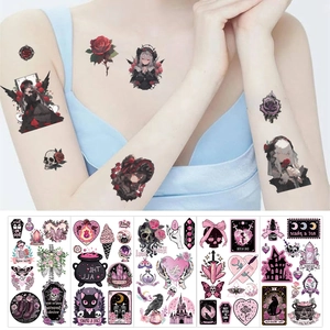 Gothic anime temporary tattoo set with dark roses skulls and mystical girl designs