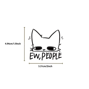 Close-up of waterproof black and white cat sticker with Ew People text and dimensions