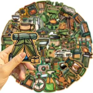 Close-up of waterproof outdoor camping tent sticker with sharp focus on hand-drawn details