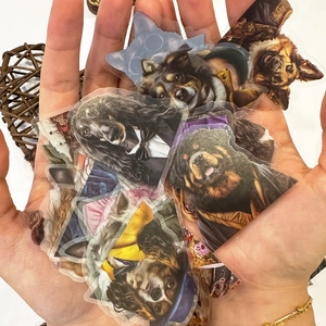 Detail shot of waterproof transparent PET dog stickers with humanized outfits on a desk