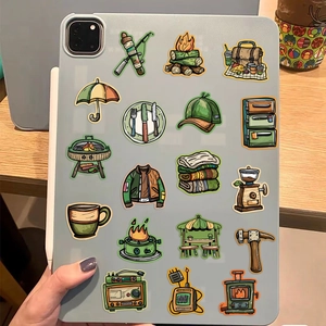 Waterproof outdoor camping stickers set applied on tablet back for laptop and luggage