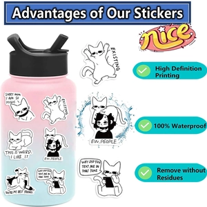 Waterproof black and white cat stickers on water bottle showing high-definition printing