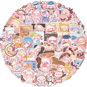 100pcs cute pink axolotl stickers for decorating laptop and guitar waterproof vinyl decals