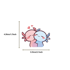 Detailed size specifications for cute axolotl vinyl stickers showing 1.7x2.1 inch dimensions