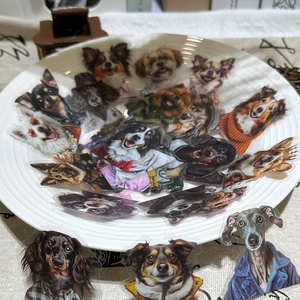Macro view of cartoon dog acrylic stickers featuring Corgis and Poodles in a ceramic bowl