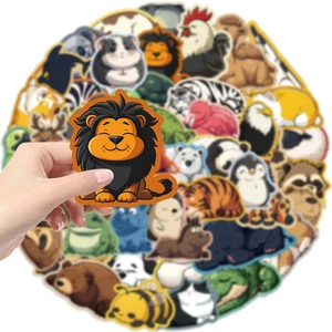 Close-up showing a cute lion sticker held by hand with diverse animal doodle stickers set