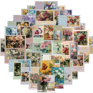Lot de 50 autocollants de timbres floraux vintage avec texture de peinture à l'huile
