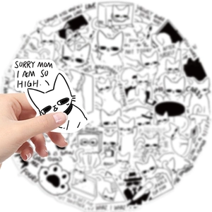 50 pieces of black and white cartoon cat graffiti stickers for laptop and guitar DIY decor