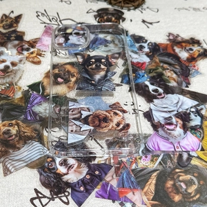 Detailed view of clear stickers featuring cartoon dogs in human clothes for DIY decoration