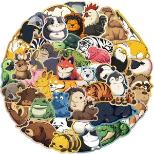 50 cute chubby animal stickers set with colorful borders for laptops and guitars