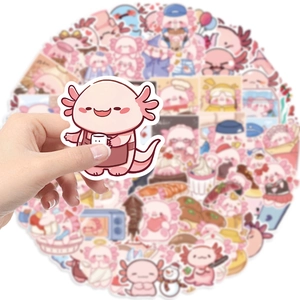 Close-up of cute pink axolotl stickers with white borders for laptop decoration