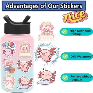 Waterproof axolotl stickers on water bottle showing HD print and no residue features
