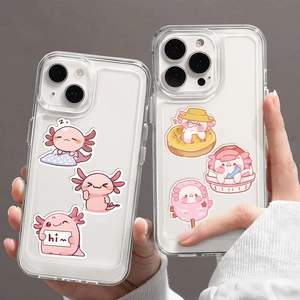 Detail of clear phone cases showing cute pink axolotl illustrations and camera protection